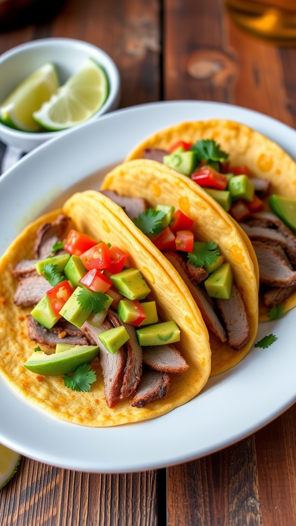 Savory Duck Tacos with Fresh Avocado Salsa Duck tacos with avocado salsa on a wooden table, garnished with cilantro and lime.